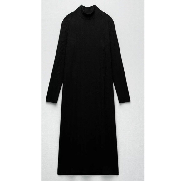 Zara Knit Sweater dress Maxi Black Ribbed Stretch Minimalist Turtleneck Sz L - Picture 5 of 13